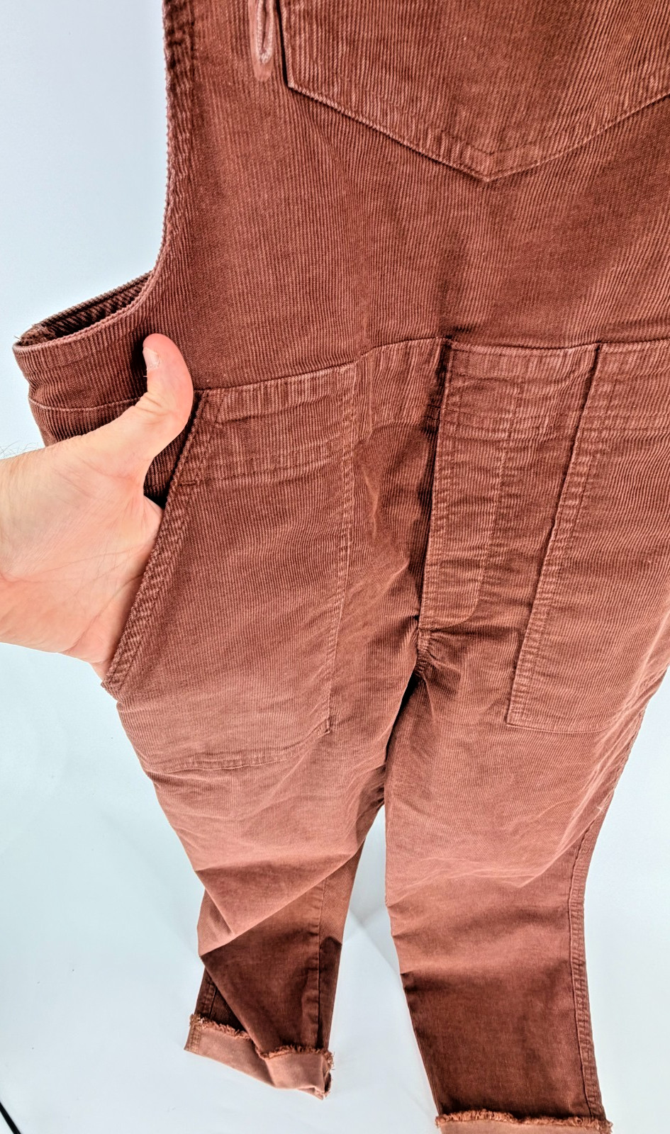 Aerie Corduroy Overalls W Medium Brown Adjustable Strap Raw Hem Tapered Leg Boho