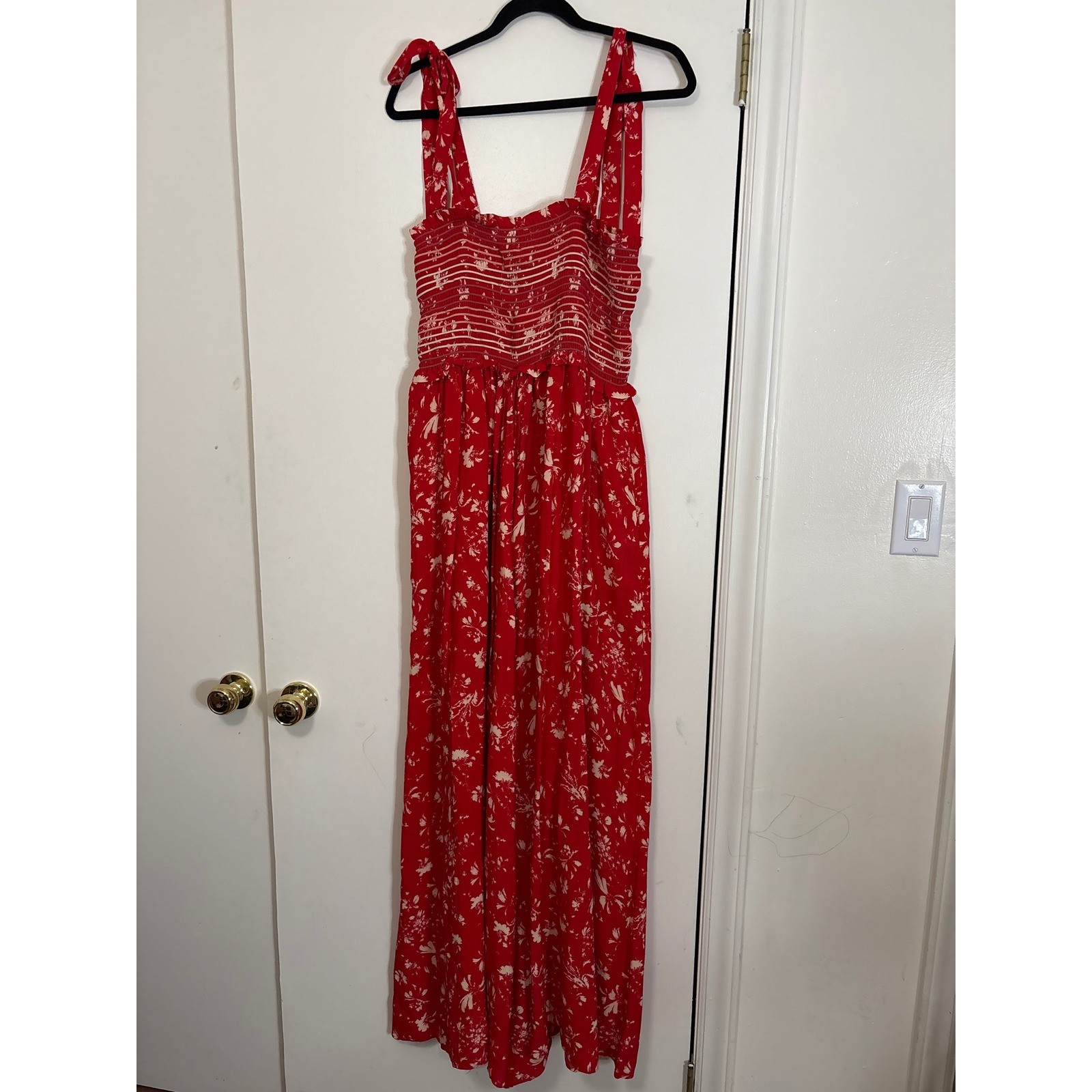 Free People Red Floral Smocked Wide Leg Jumpsuit Tie Shoulder Straps Medium