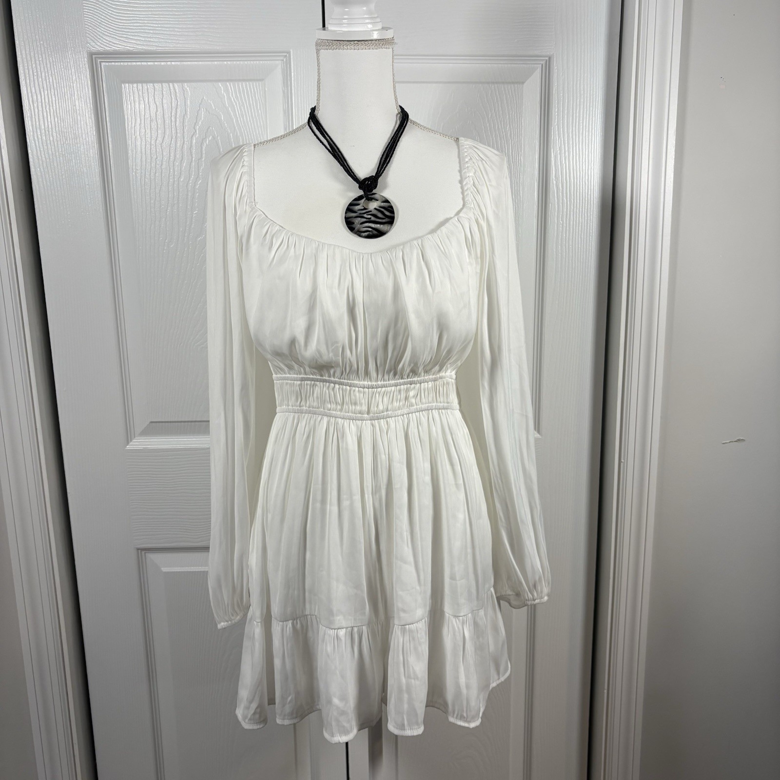 Women’s White Cottagecore Romper Size L Long Sleeve Smocked Waist + Necklace