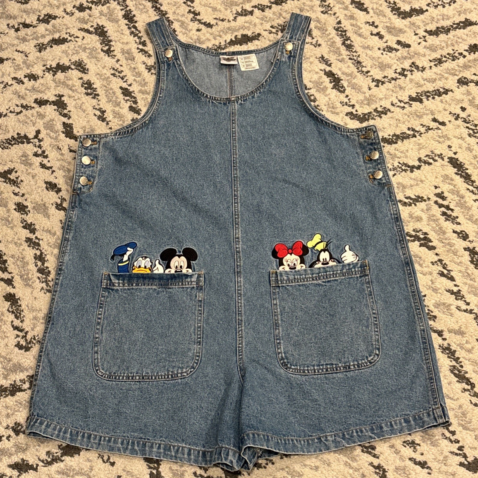 VTG DISNEY CATALOG 1990’s Denim Romper Shorts Overalls Mickey Minnie Women’s XL