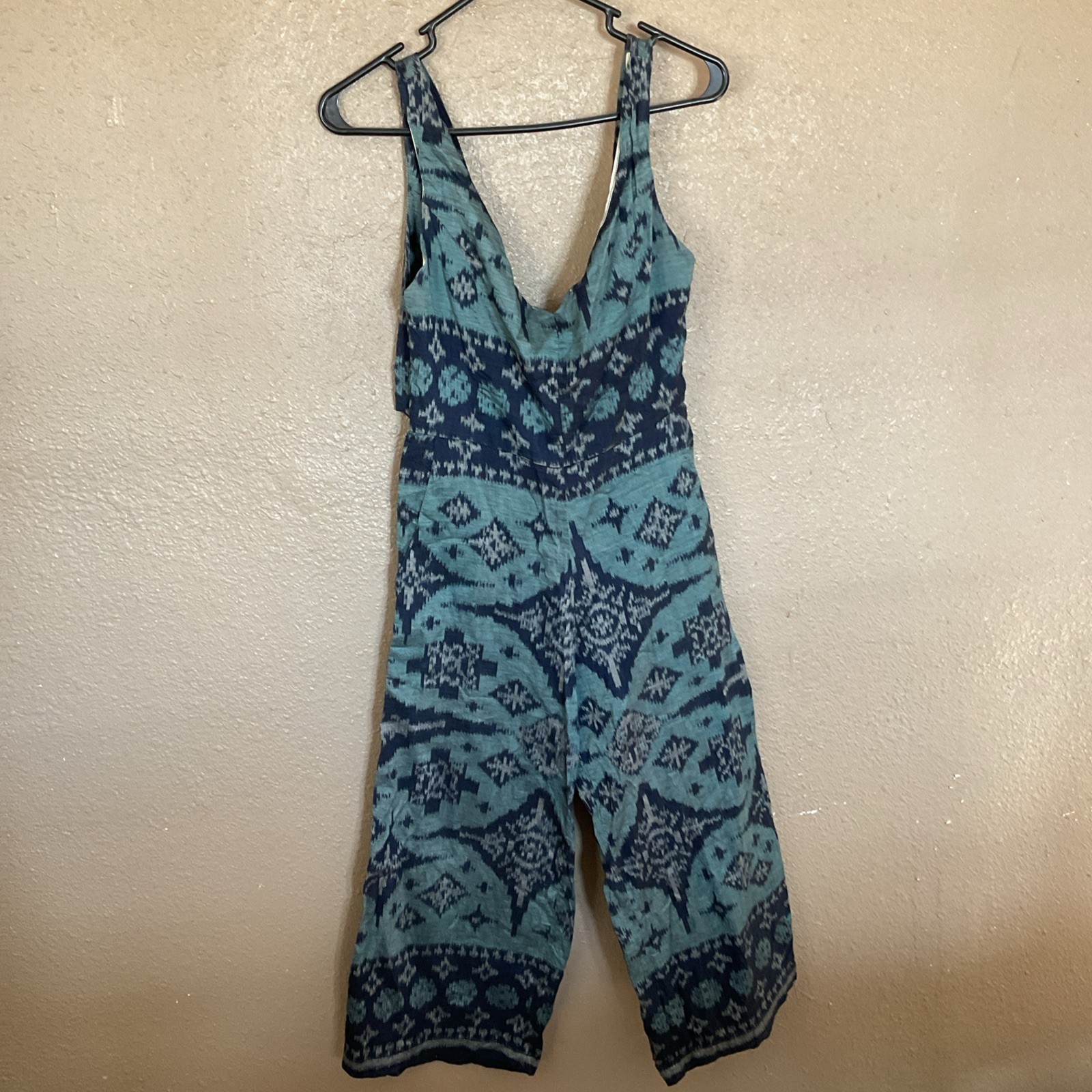Women’s Aztec Print Linen Romper Jumpsuit Open Back Size S Hippie Boho