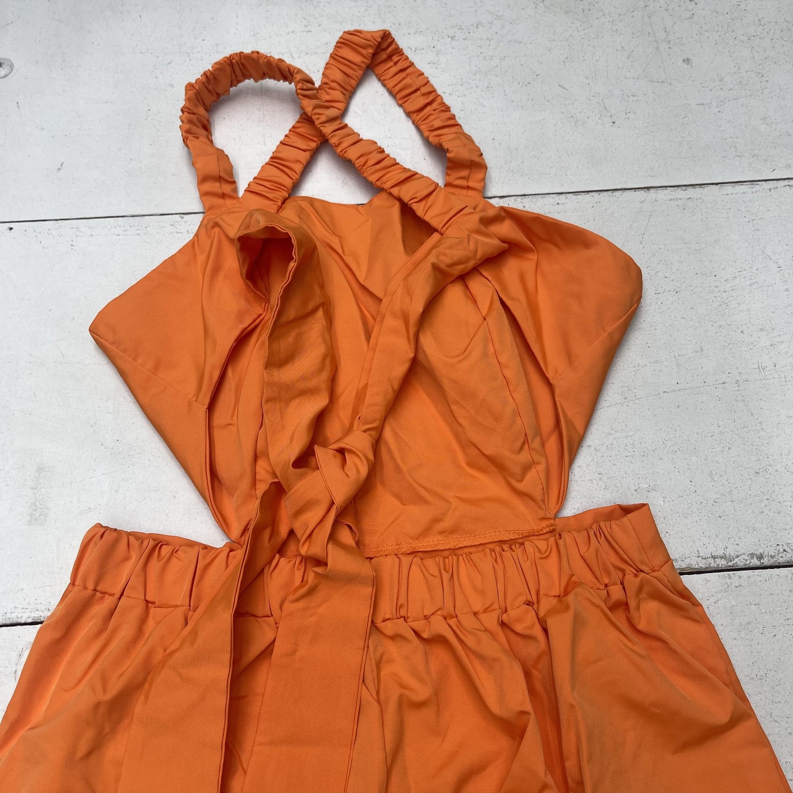 Strappy Jumpsuit Womens Large Orange Tie Back Pockets Elastic Cuffs Jogger Hem