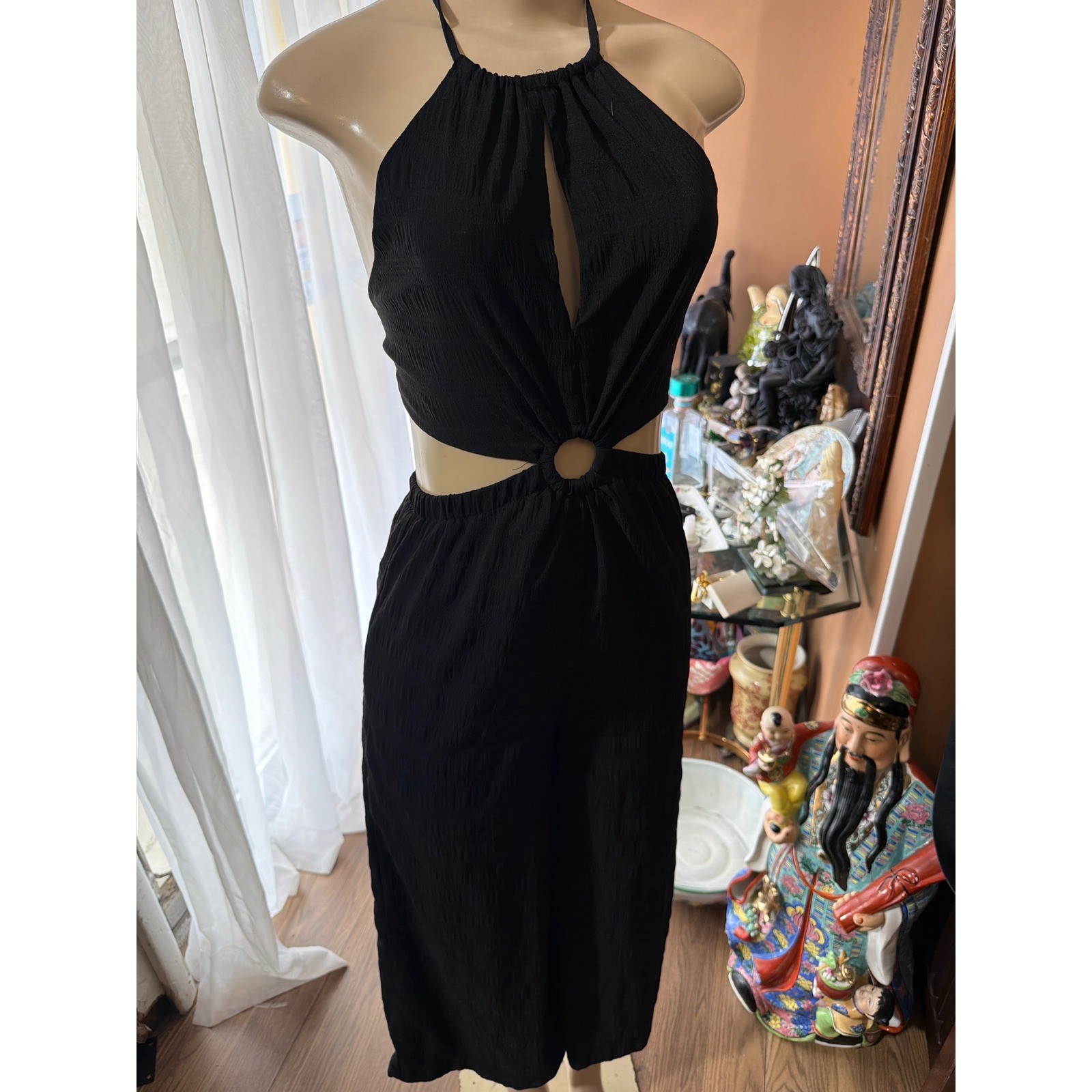 Black Halter Cutout O-Ring Jumpsuit Textured Wide Leg Open Back One Piece