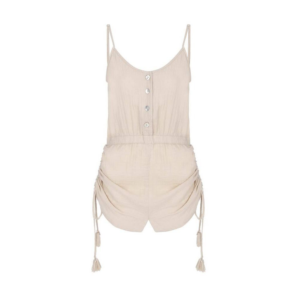 The Handloom Kai Turkish Cotton Romper Tan Beige Tassel Boho Jumpsuit M/L Beach