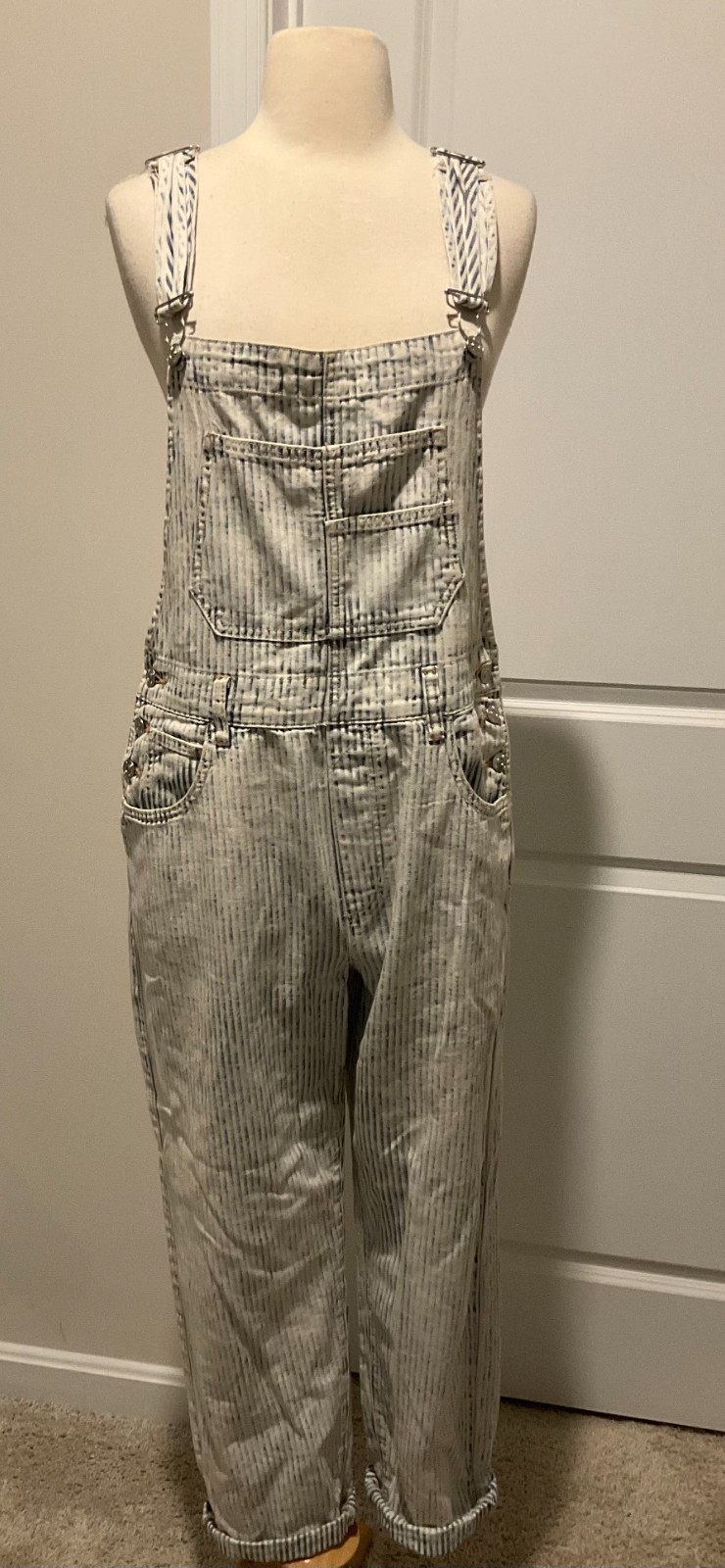 Free People We The Free Good Luck Striped Overalls Size S Indigo Railroad