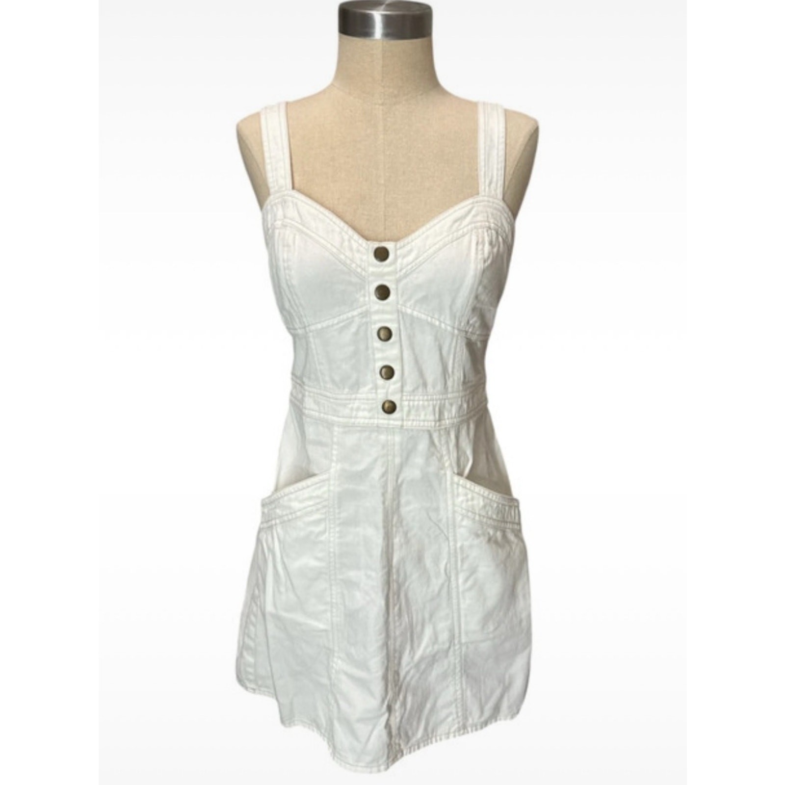 Japna white denim mini dress, 100% cotton, sweetheart neck line, size M