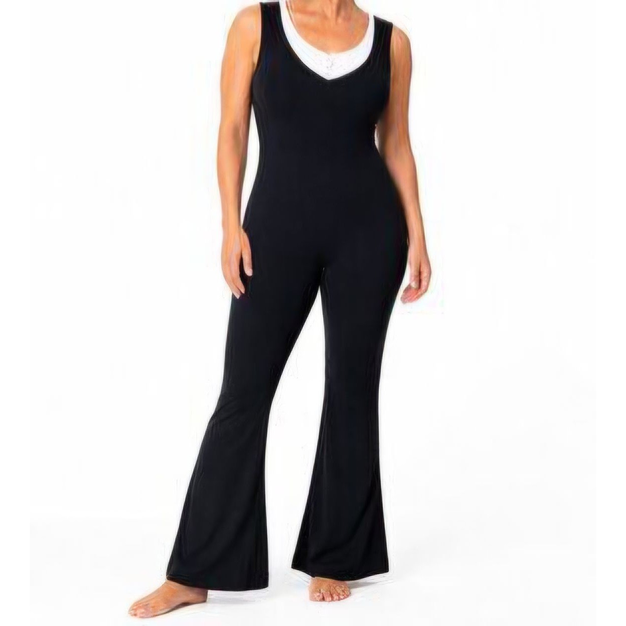 OQQ Black and White Sculpting Flared Leg Jumpsuit – S