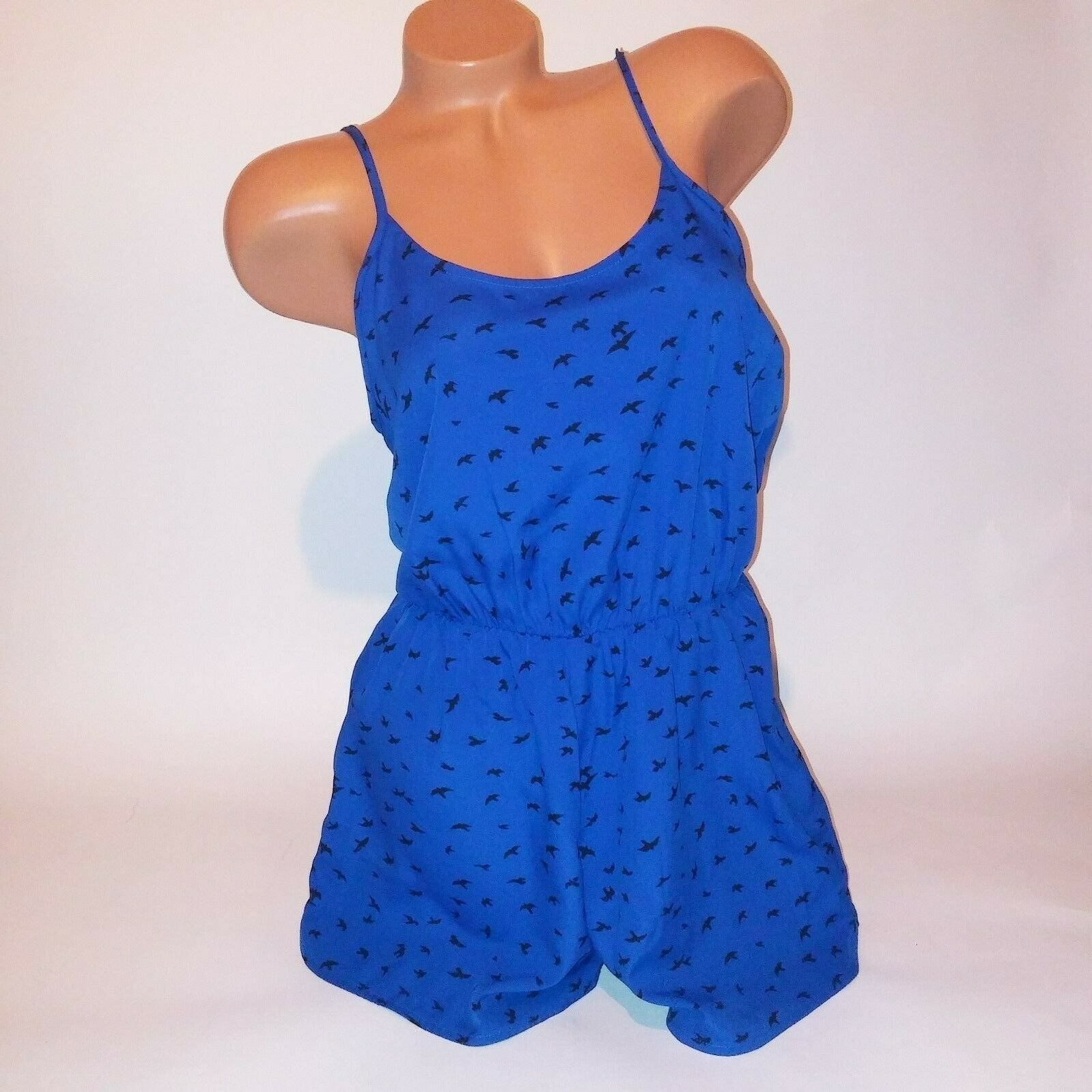 City Streets Romper Large One Piece Shorts Sleeveless Blue Black Birds New