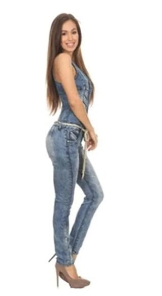 Colombian Designed Denim Push Up Jumpsuit W/Gold Rope Belt