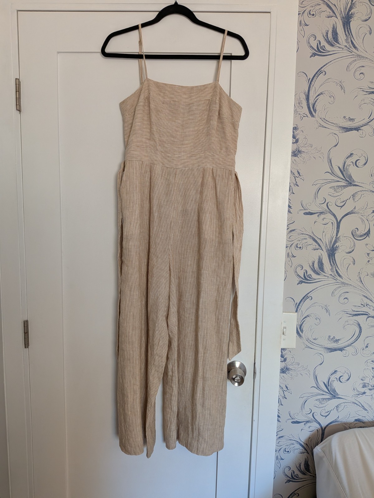 J.Crew Striped Linen Wide Leg Jumpsuit Tan White Striped Spaghetti Strap US 4
