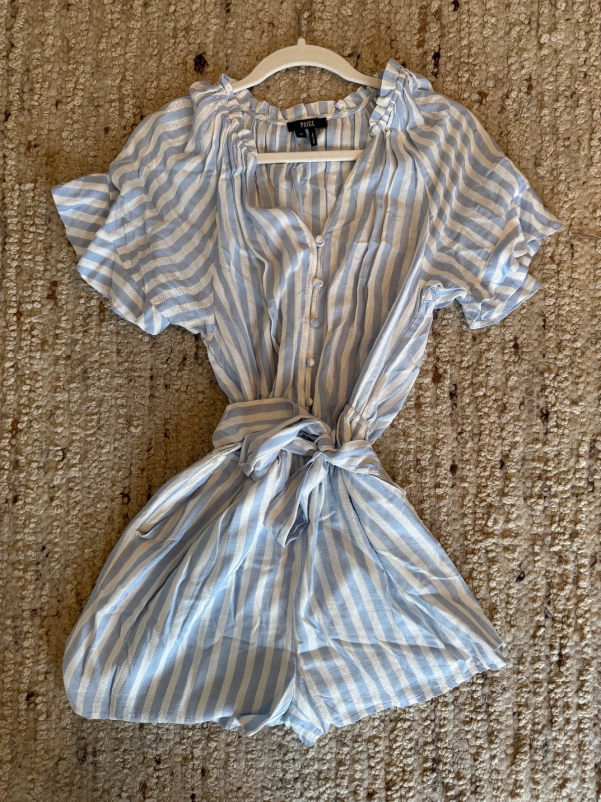 PAIGE Blue White Stripe Romper Size M Belted Button Front Lightweight