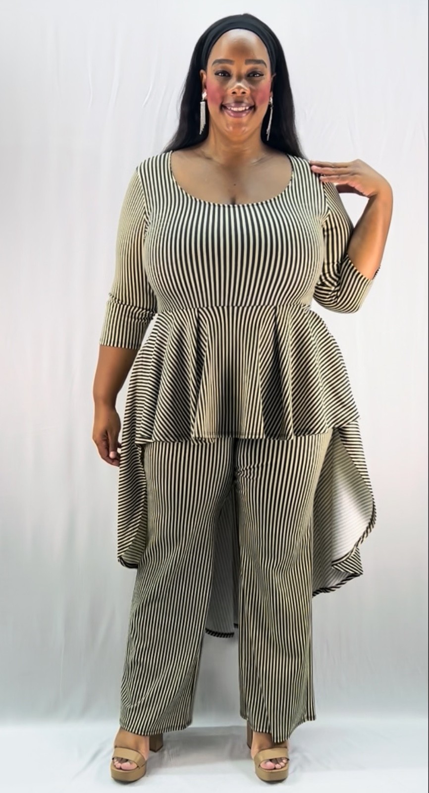 Plus Size 1X-3X Women’s Striped Jumpsuit Peplum Top Wide Leg Pants Black Beige