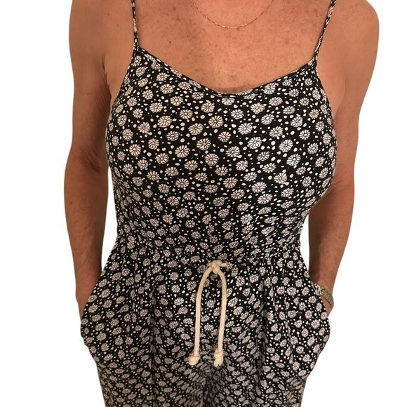 Floral Print Jumpsuit Spaghetti Strap Drawstring Waist Wide Leg Black White