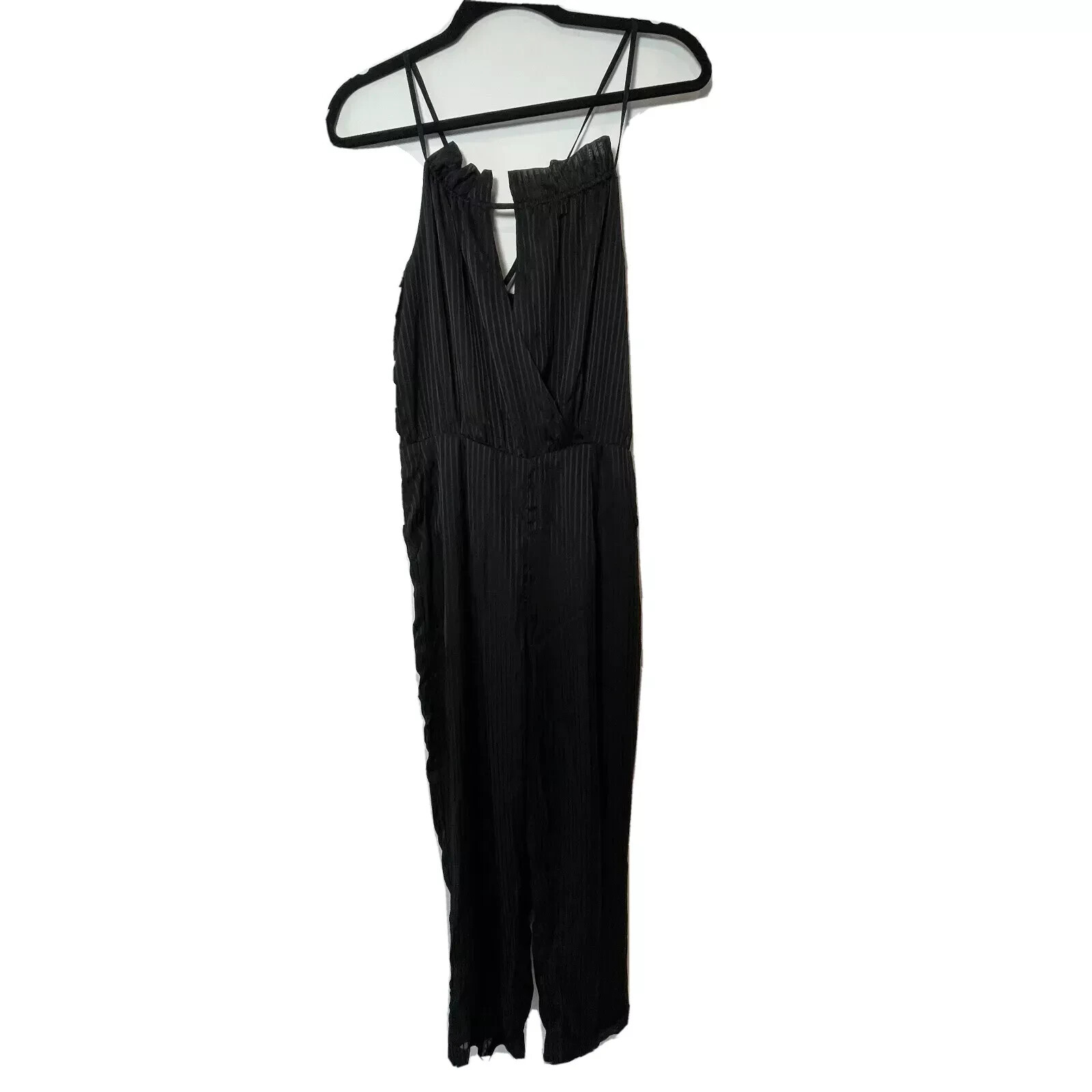 J.O.A Sleeveless Striped Black Jumpsuit Womens M Adjustable Strap Pockets NEW