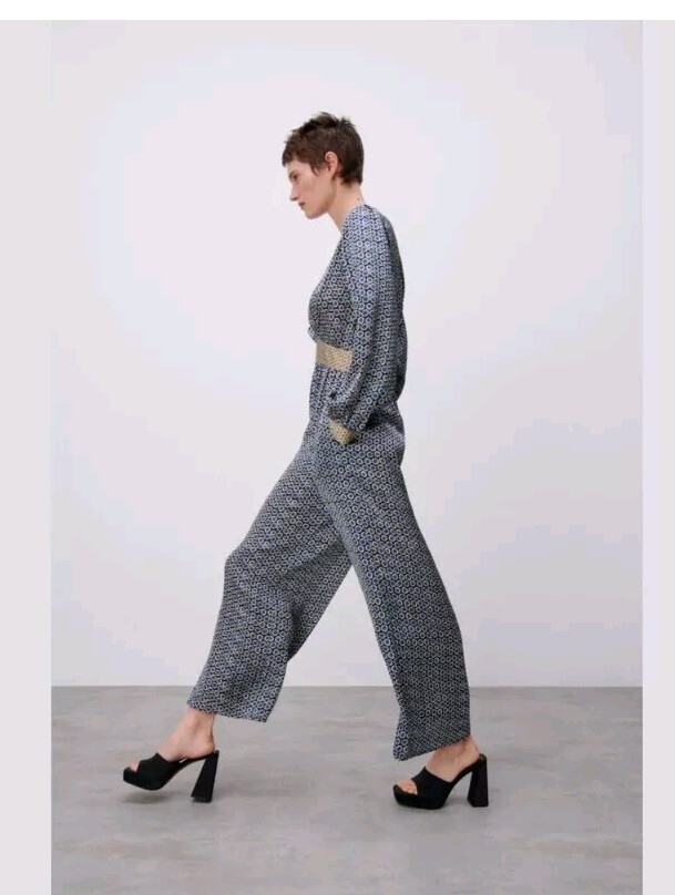 Zara Blue Geometric Print V-neckline Long Sleeves Jumpsuit Size Large 4387 289
