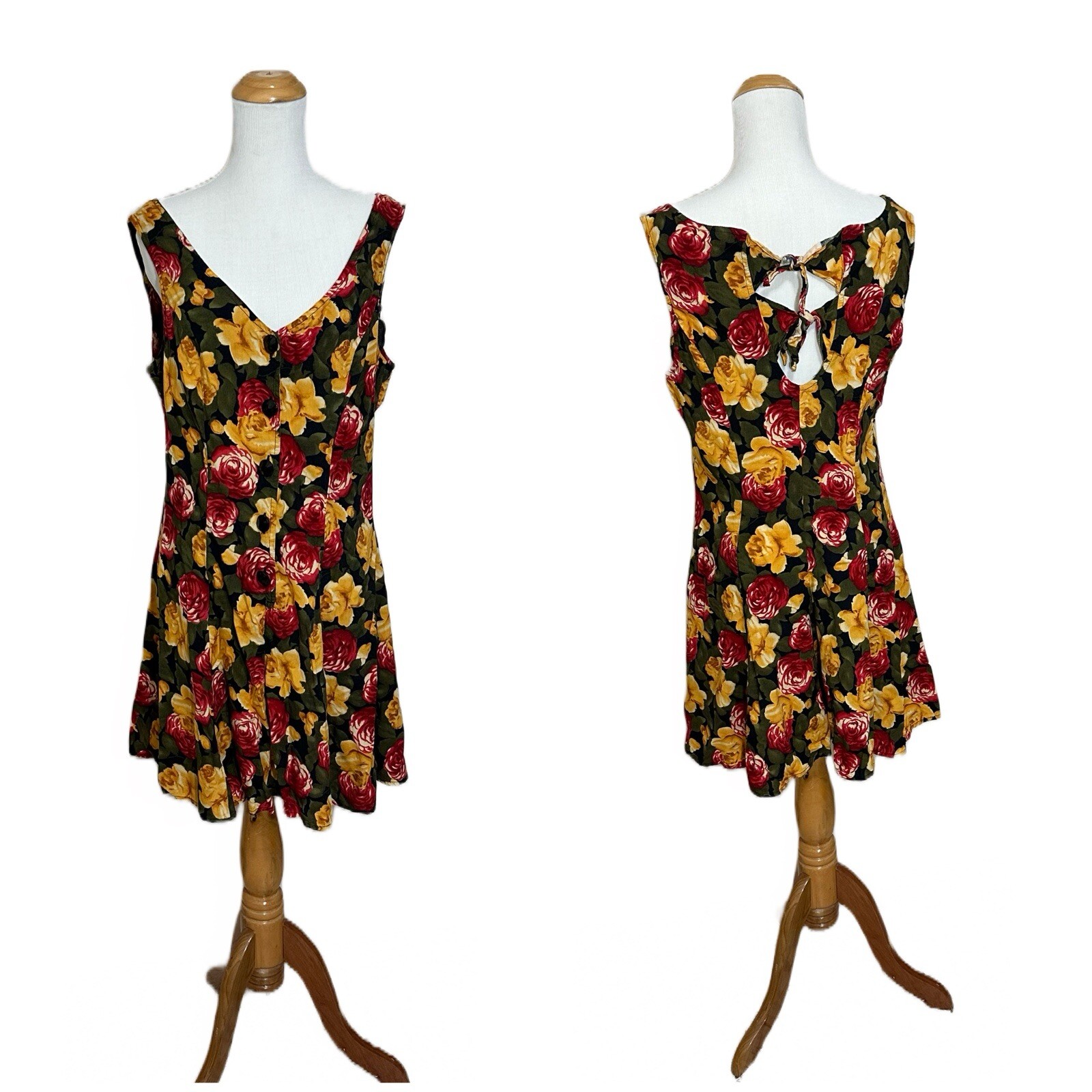 Vtg 90’s Joni Blair Floral Print Romper Shorts Rayon Tie Back Button Up Sz 15