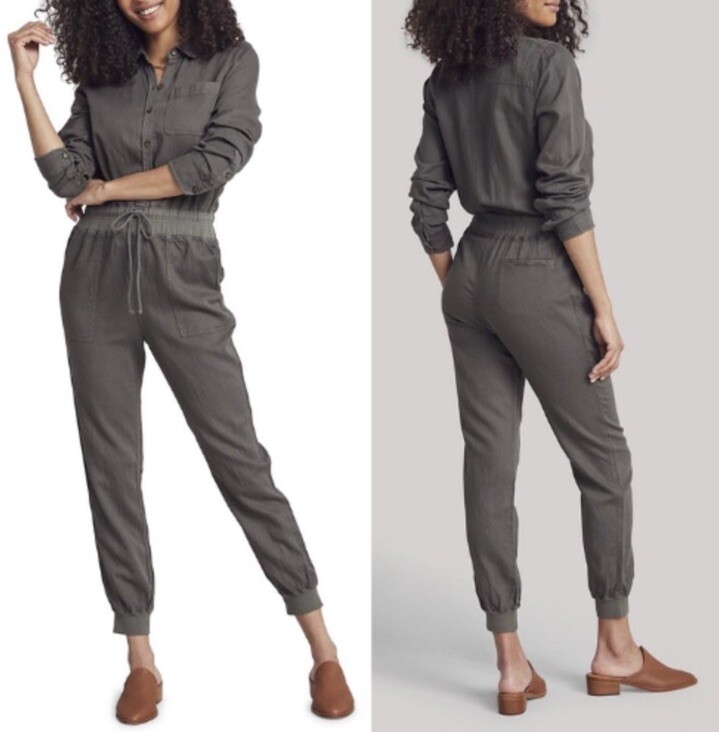 Faherty Arlie Day Long Sleeve Jumpsuit Sz S. Green/military Organic Cotton