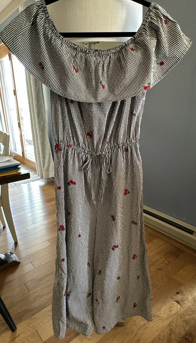 VTG Amazing Cherry Embroidered Jumpsuit Wide Leg 12” Tie Sz M On/off Shoulder