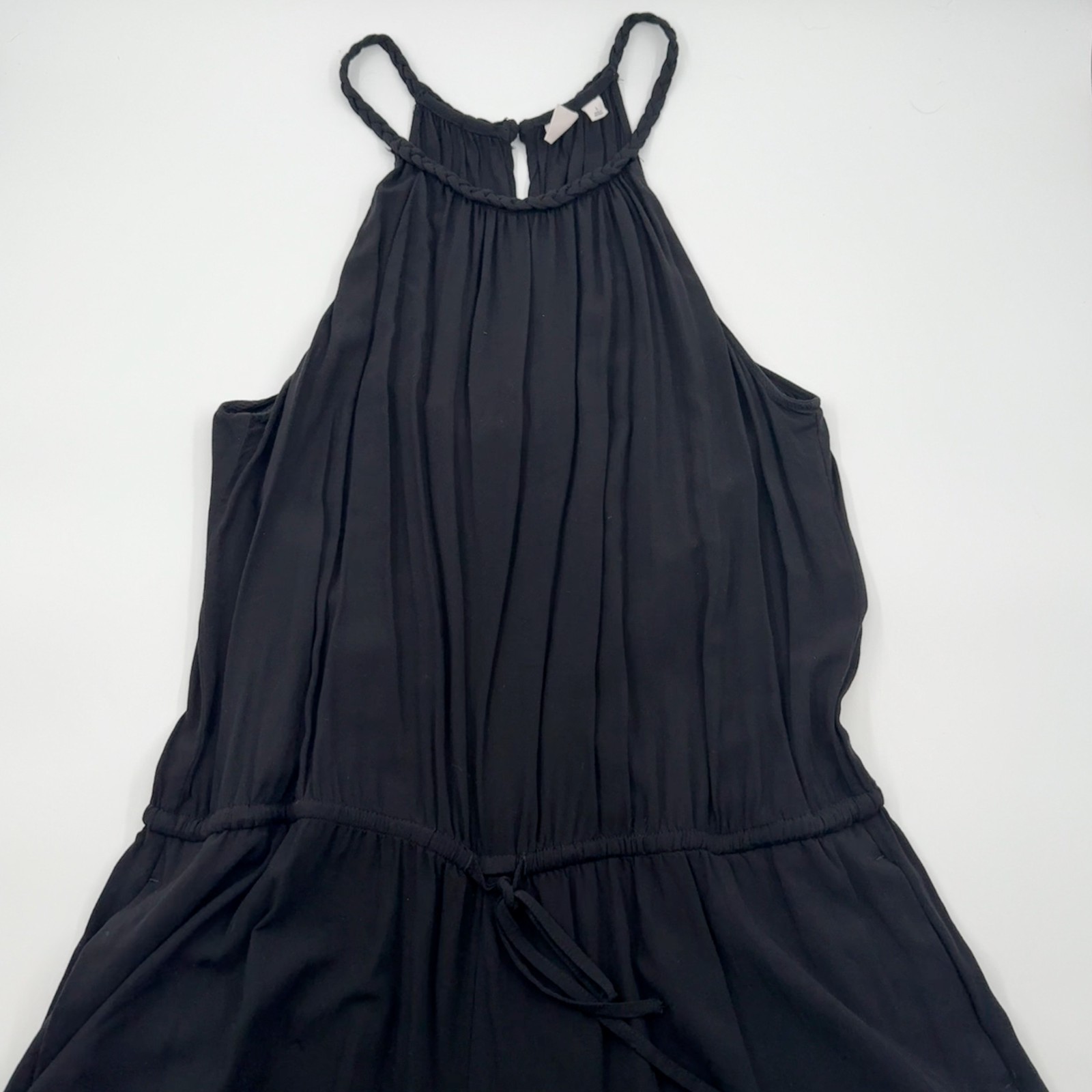 GAP Womens Black Halter Romper L Pockets Tie Waist Keyhole Back Flowy Rayon Soft