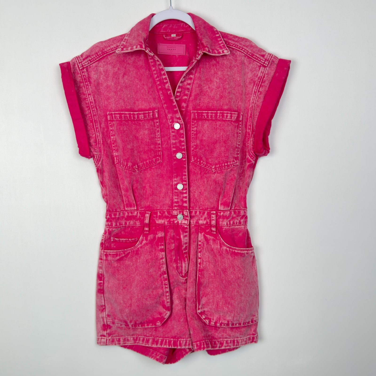 BLANKNYC Women’s Pink Washed Denim Romper- Small Utility Short Sleeve One-Pi