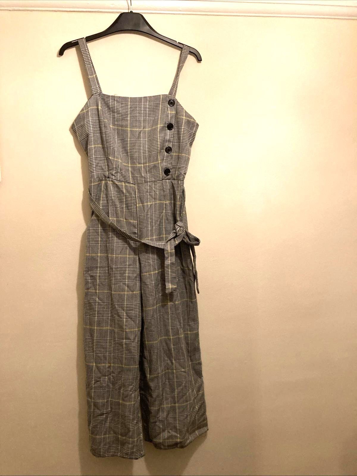 Primark Grey Check Jumpsuit Size 10 Plaid Culotte Wide Leg Tie Waist Smart