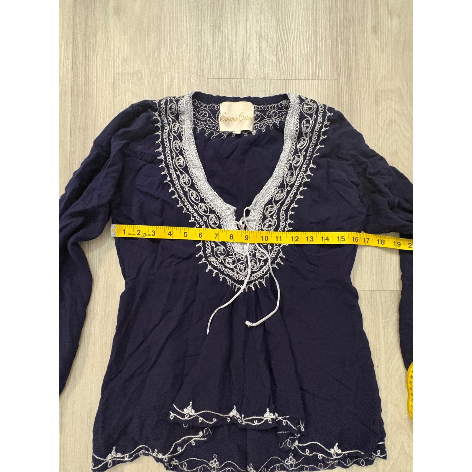 Emma Caine Blouse Women Navy Blue Embroidered Long Sleeve Lace Up Romper Boho M
