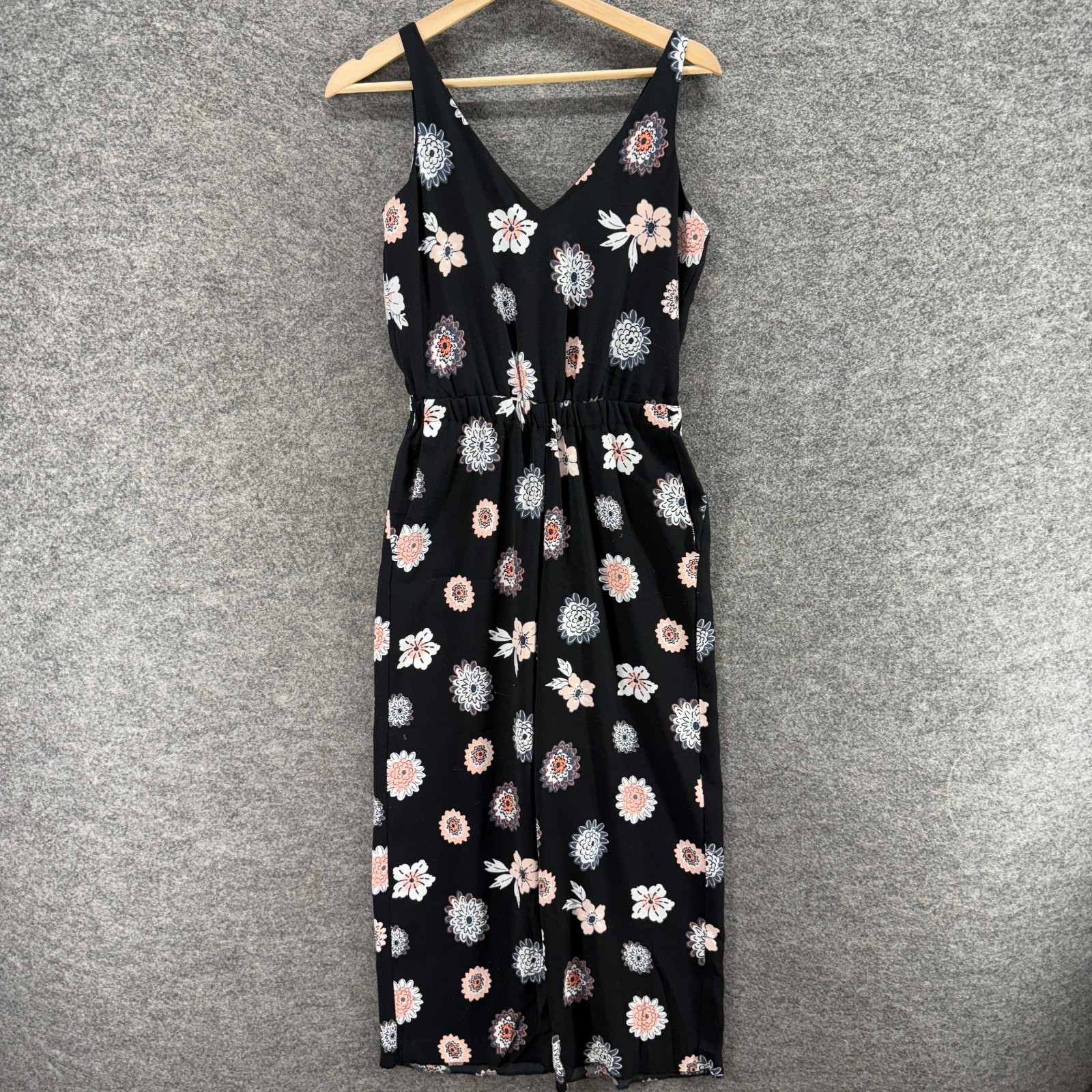 Loft Jumpsuit Women PXS Petite Black Floral V-Neck Sleeveless Lined Casual