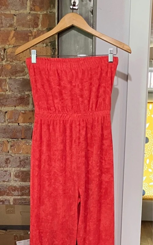 70s 80s Vintage Out of Focus Terry Cloth Jumpsuit, Red, Strapless Wide Leg