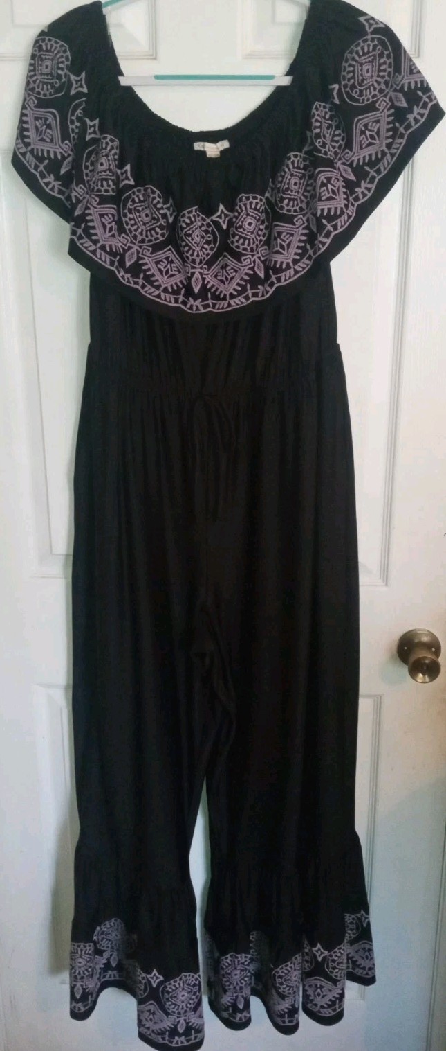 Cato Pants Jumpsuit Size 18/20W Black White Stretch With Pockets Off Shoulder