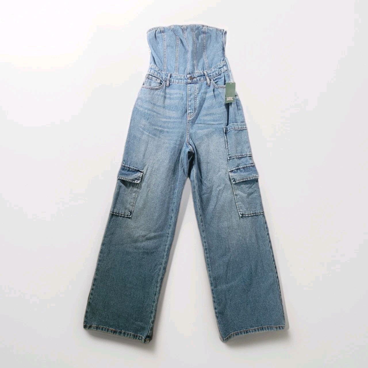 NWT Wild Fable S Strapless Denim Jumpsuit Corset Style Wide Leg Cargo Blue