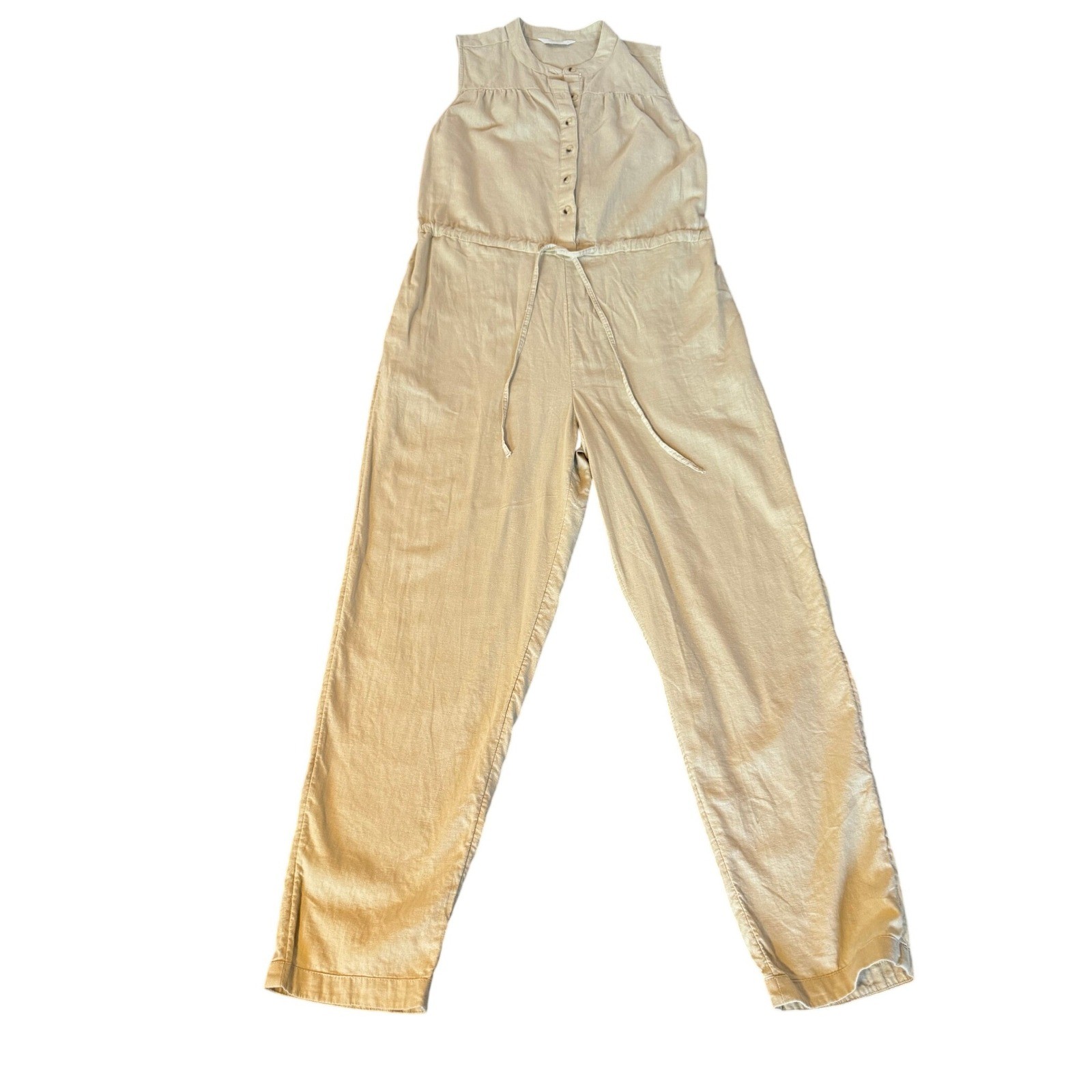 Lucky Brand Womens Tan Linen Blend Sleeveless Button Front Drawstring Jumpsuit S