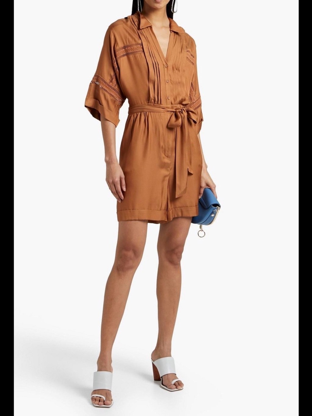 Diane Von Furstenberg Bara Silk Blend Romper Satin Pintucked Button-Front