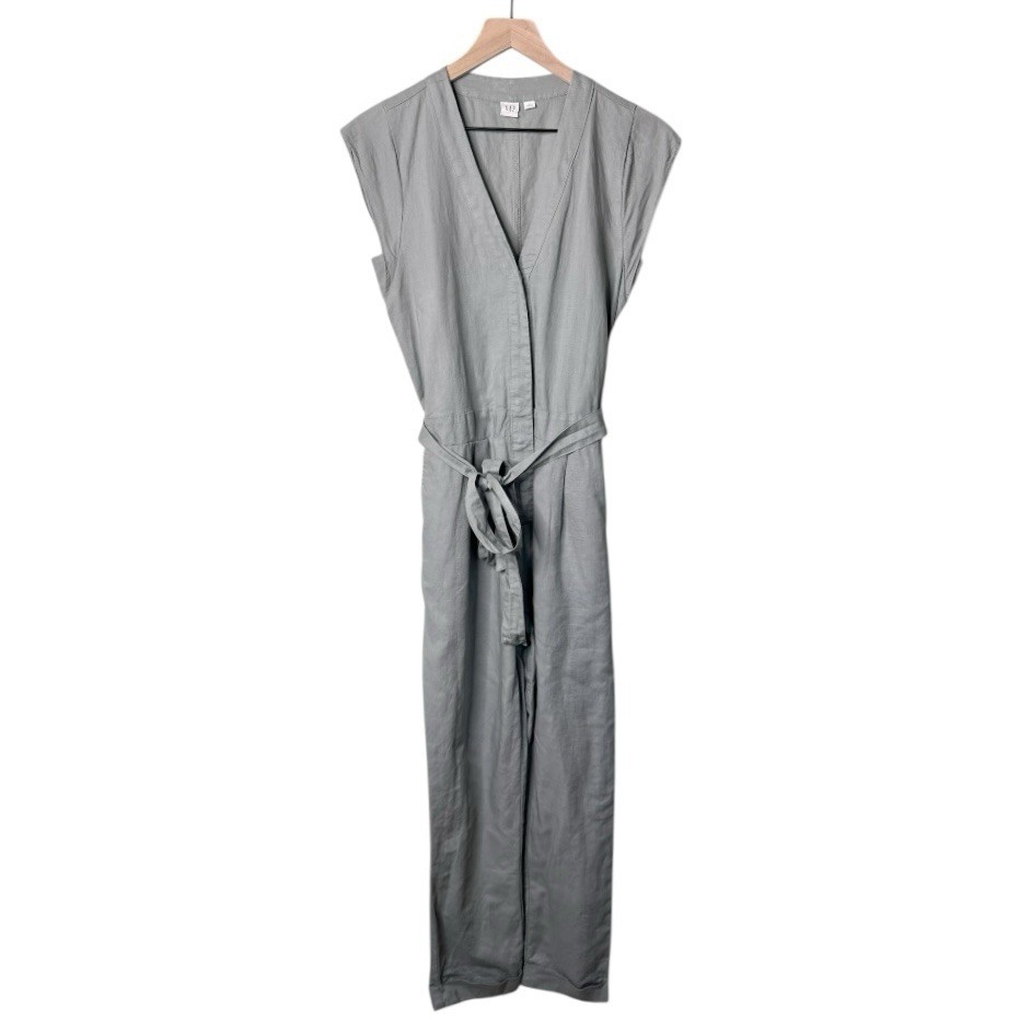 Gap Linen Cap Sleeve Belted Jumpsuit V Neck Pockets Light Sage Green Grey Size 2