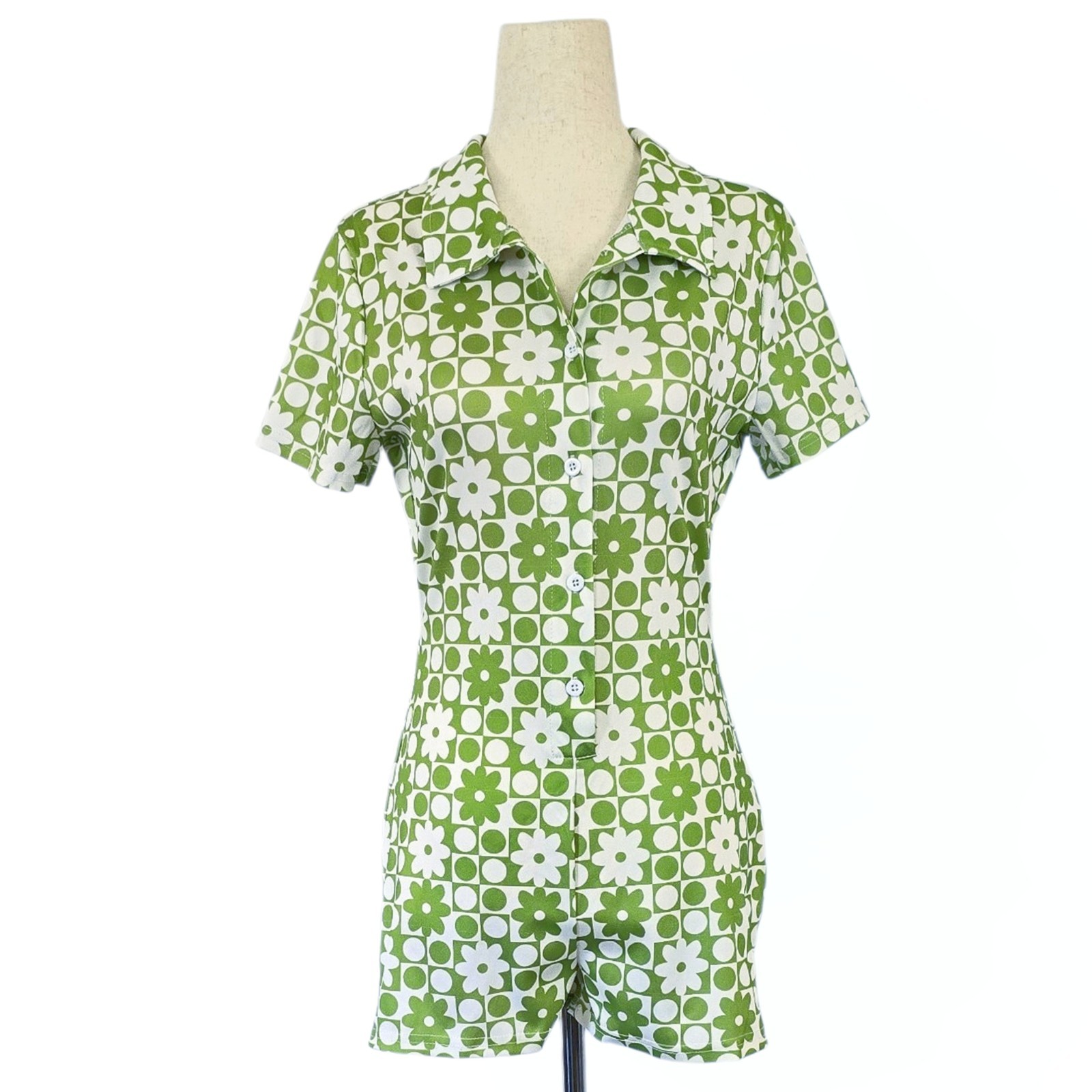 1960s Print Romper 60s Inspired Shorts Flower Power Green White XS Small Daisies