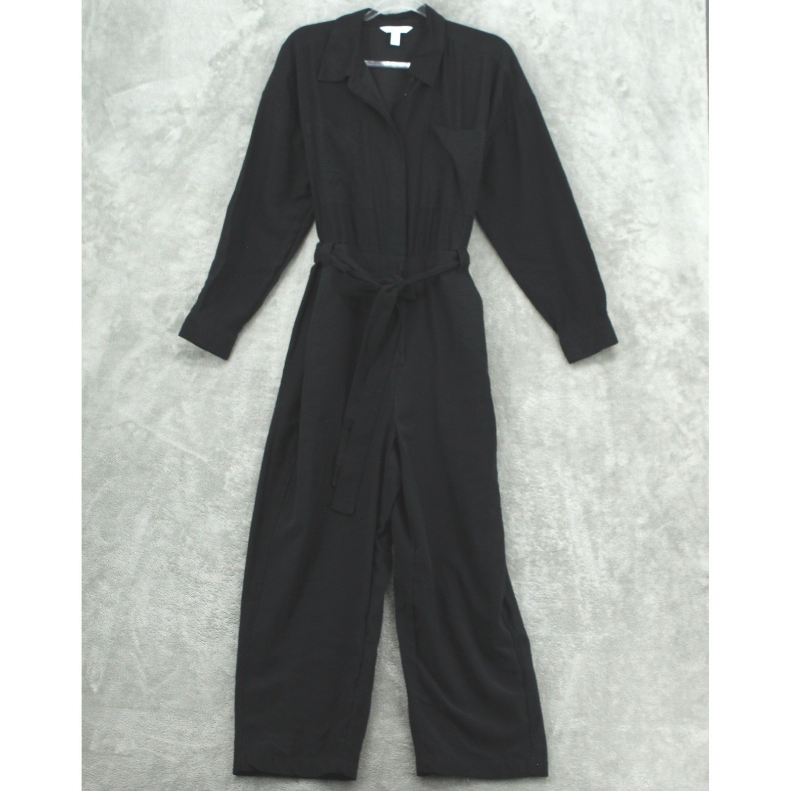 Nine West Jumpsuit Women Large Chambray Belted Pockets Straight Leg Casual Black