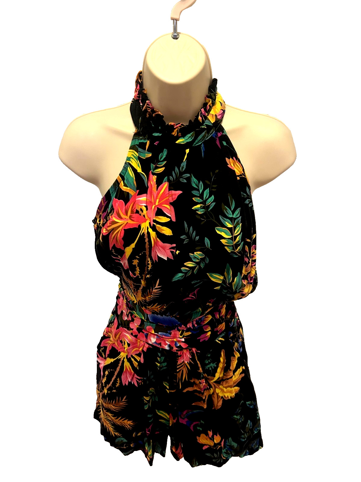 Junior’s Floral Summer Romper XS High Neck, Waist Tie, Lightweight Playsuit