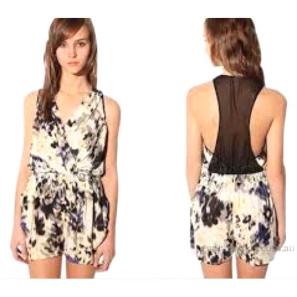 Silence + Noise Romper Small 6 Racerback Watercolor Sleeveless Cream Blue