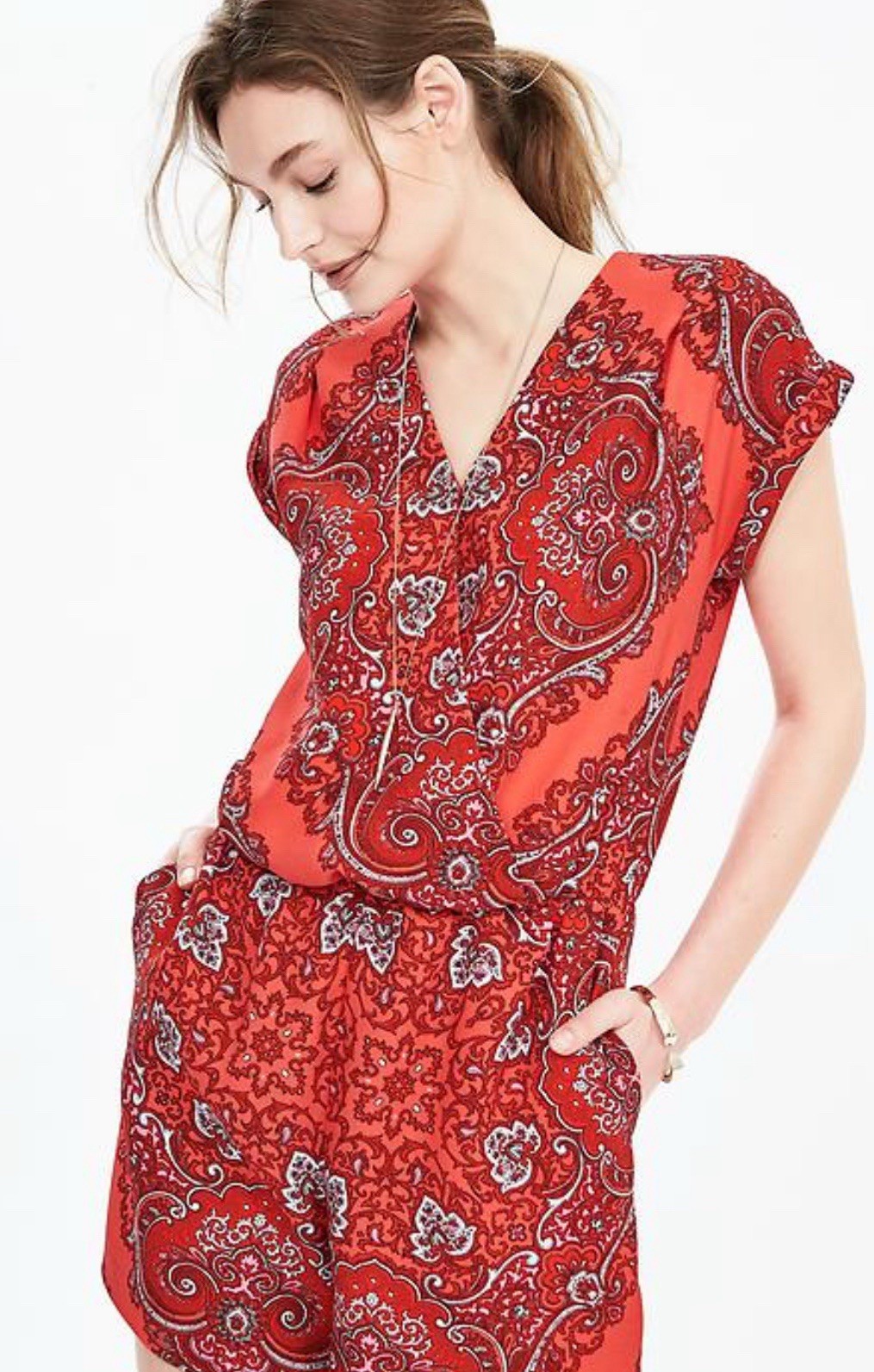 Banana Republic Women’s SZ 8P Red Paisley Pattern Boho Romper/Jumpsuit Lined