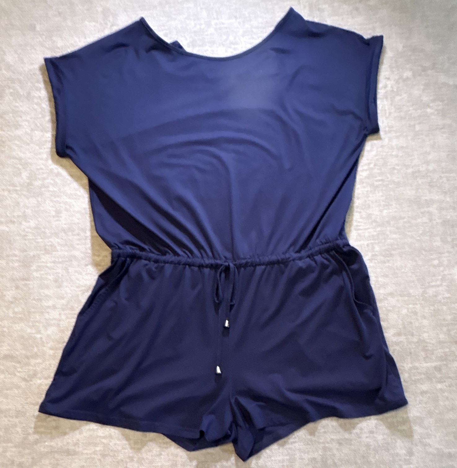 Women’s Blue Solid Knit Romper Drawstring Elastic Waist 3XL Plus Style 10071