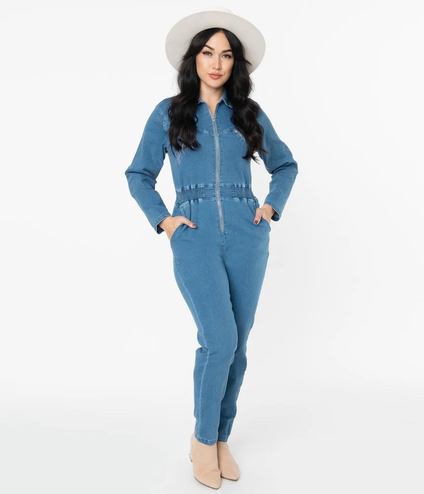Unique Vintage Stretch Light Blue Denim Jumpsuit Zip Front 70s 80s Retro Pinup