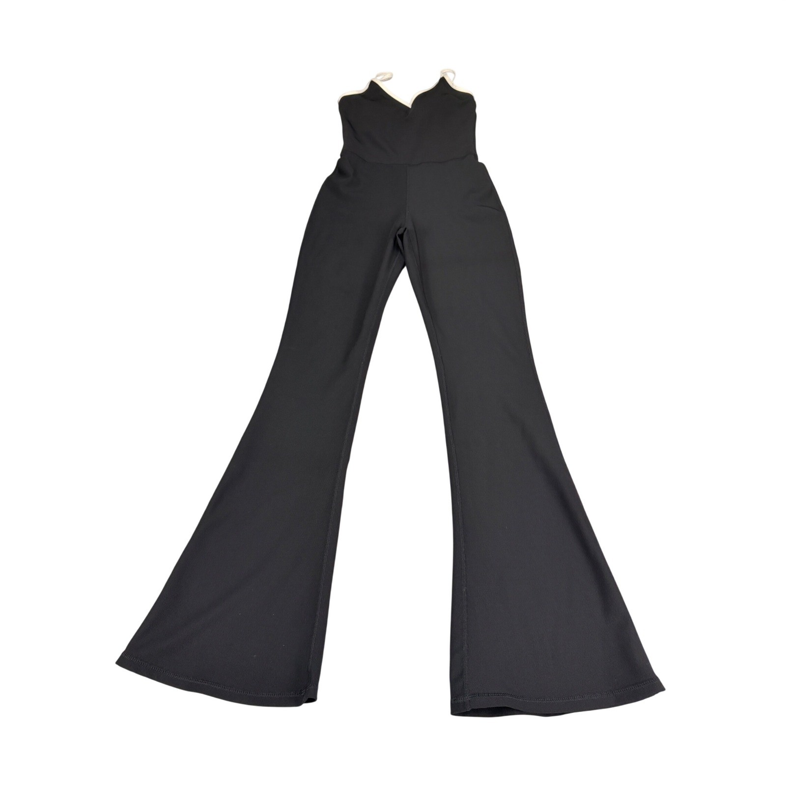 Wilo Melbourne Australia Ribbed Flare Leg Jumpsuit Black White Trim Small