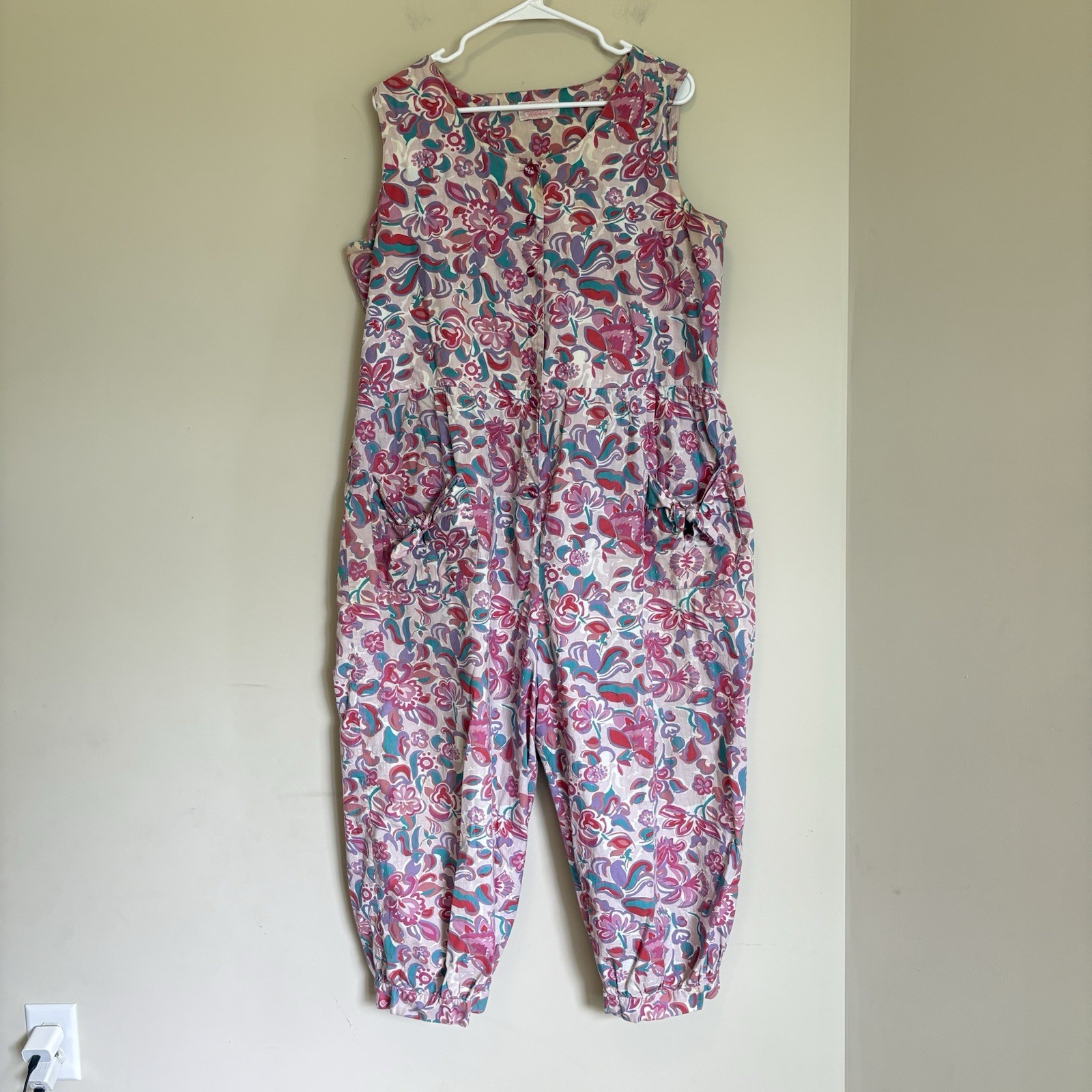 Vintage 80s Honors Intimates sz XL Floral Jumpsuit Romper Sleeveless Button