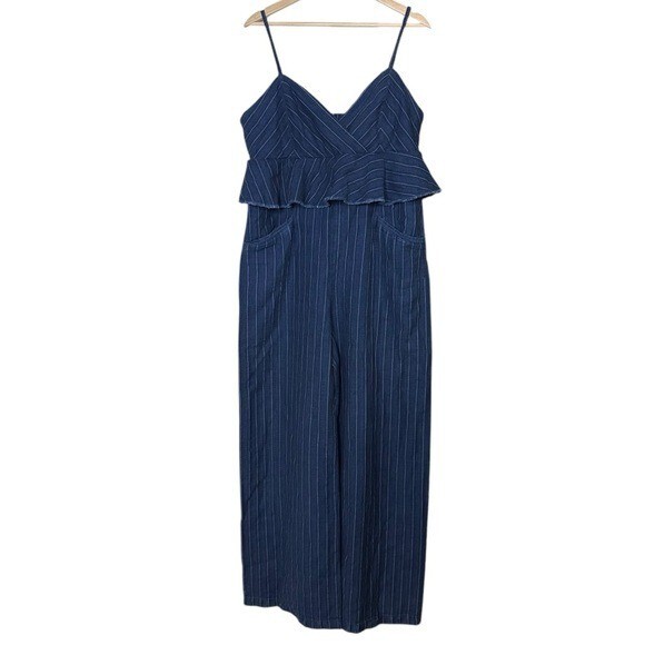 Anthropologie Striped Denim Ruffle Jumpsuit Size L Pockets Peplum Fringe Hem