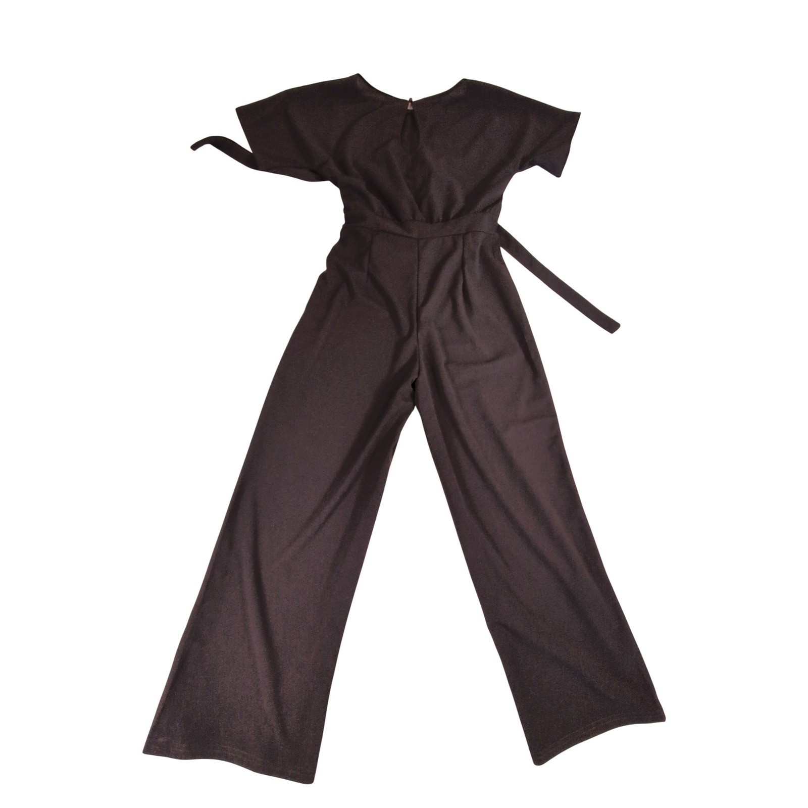 Women Short Sleeve Wide Leg Jumpsuit Charcoal Black XL Belted Stretch