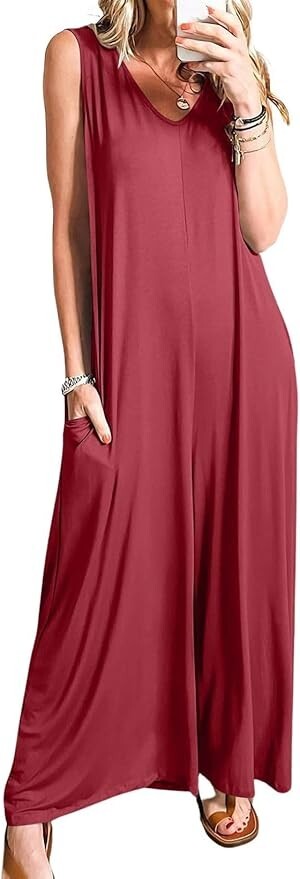 Women Sleeveless Wide Leg Jumpsuit V Neck One Piece Jumpsuit Flowy Jumper Romper