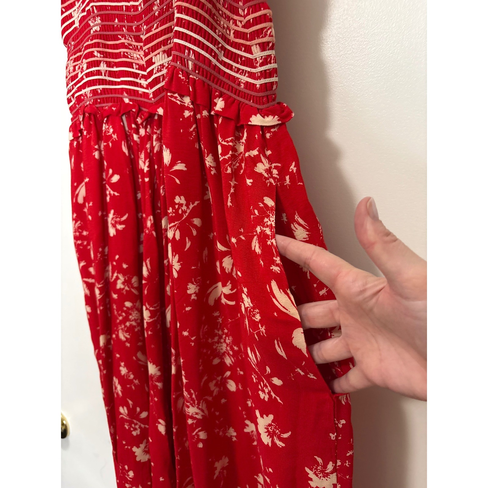 Free People Red Floral Smocked Wide Leg Jumpsuit Tie Shoulder Straps Medium
