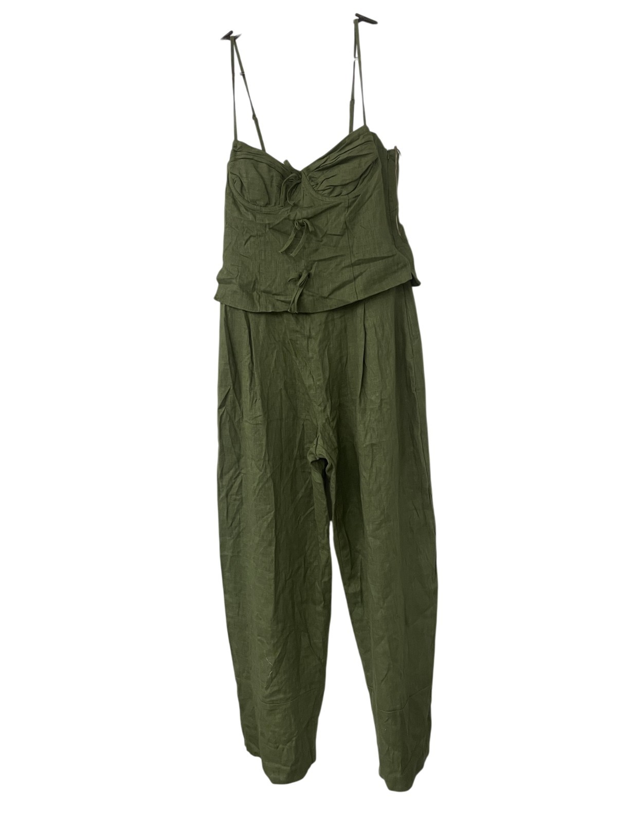 Zara Womens Jumpsuit M Green Linen Blend Wide Leg Sleeveless Bows 8447/734 NWT