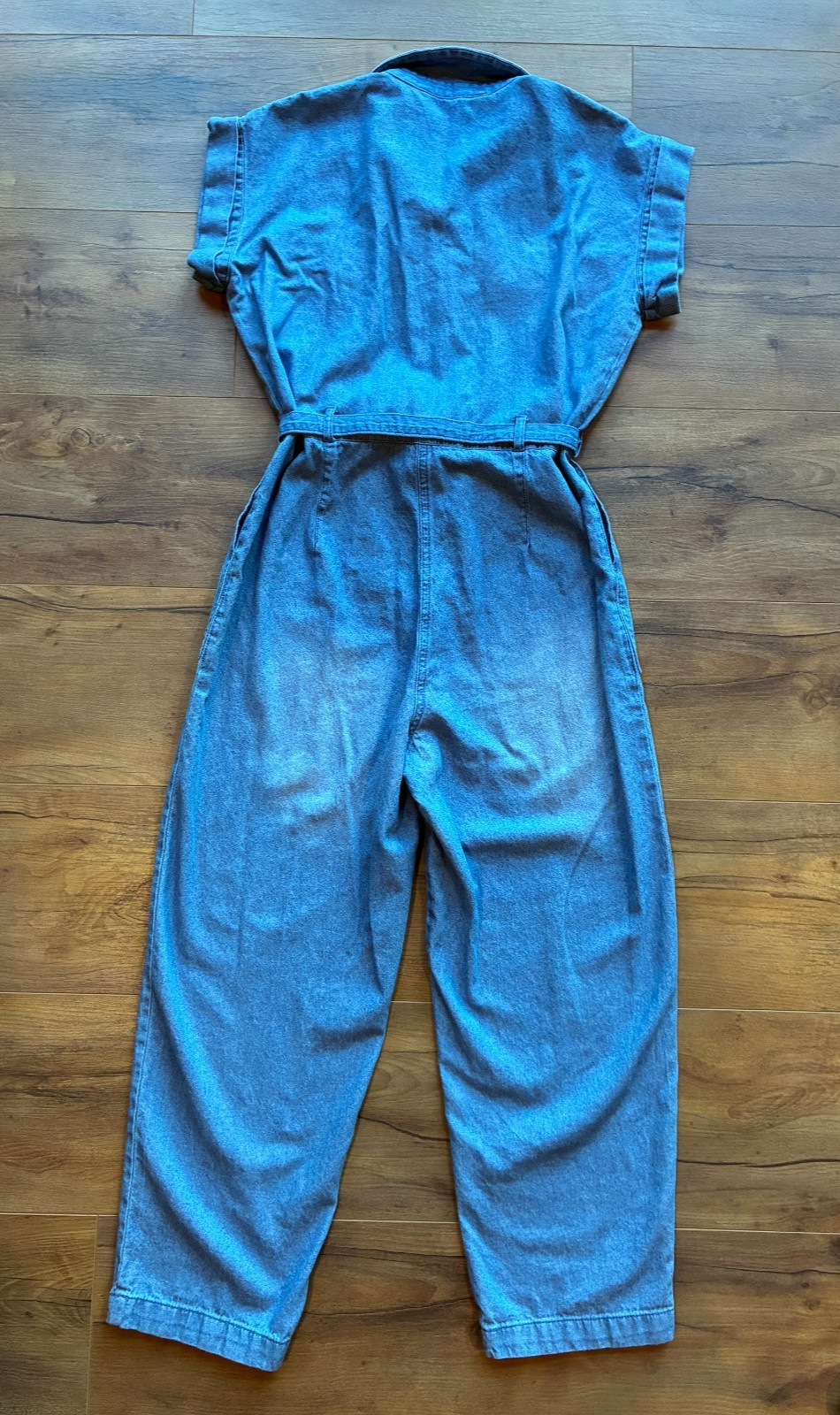 G Kale Faded Blue Acid Washed Denim Jumpsuit Women’s Petite PS Belted Cotton NEW