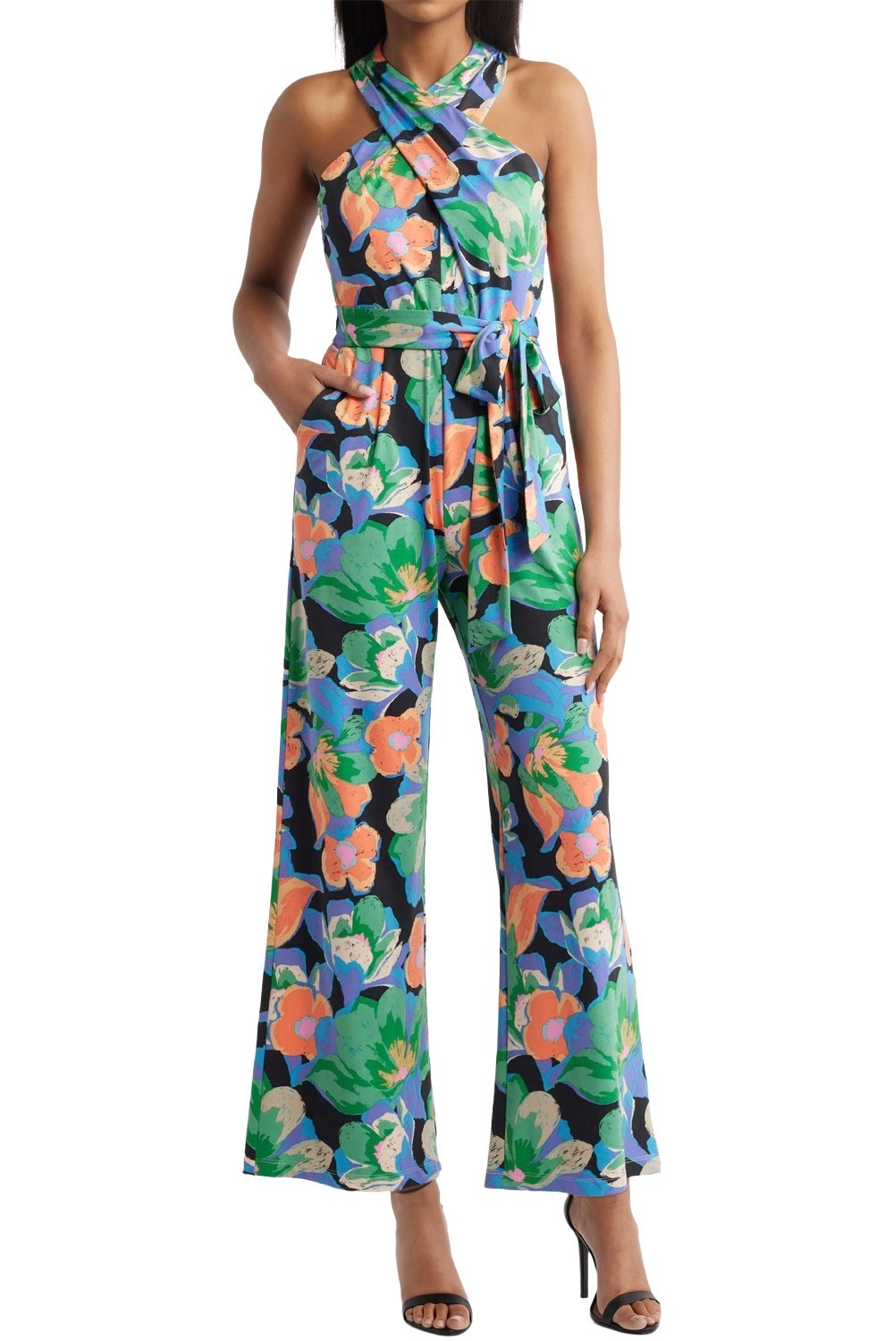 Tahari ASL Womens Twist Neck Halter Jumpsuit 10 Black/Orange – NWT $149