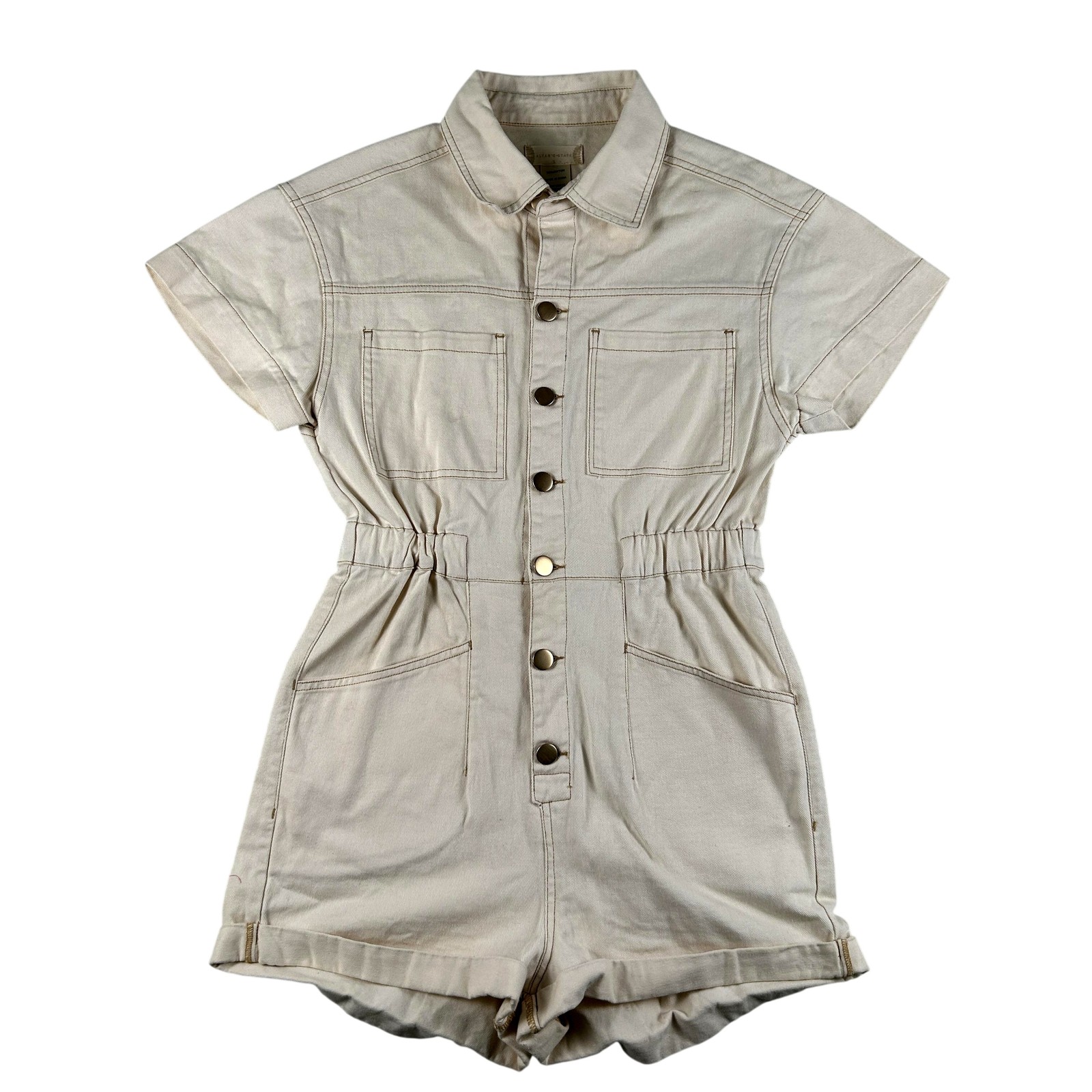 Altar’d State Romper Womens Small Beige Short Sleeve Snap Front Utility Pockets
